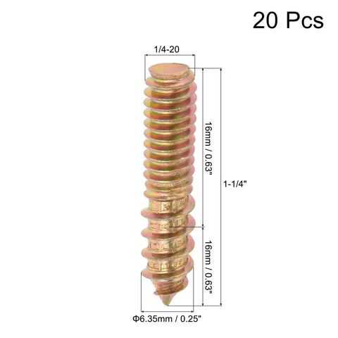 Heavy Duty 1/4-20 X 1-1/4 In Zinc Plated Hanger Bolt with measurements, ideal for woodworking and furniture building.