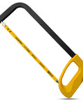Hanpex 12-inch high-tension hacksaw frame with yellow handle and 24 TPI bi-metal blade, angled view