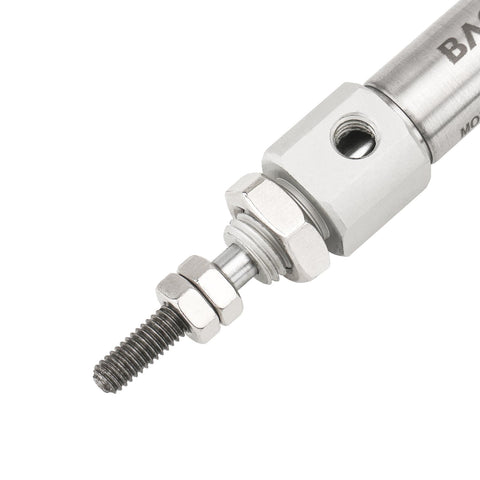 Close-up of Compact Aluminum Pneumatic Air Cylinder CDJ2B10-10 Double Acting, focusing on threaded rod and aluminum body detail.