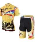 Yellow cycling jersey and shorts set with colorful graphics and cityscape design, featuring short sleeves and elastic hem.