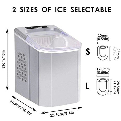 Portable Slick Countertop Ice Maker With Fast Bullet Ice Cubes Ready In Eight Minutes And 33 Pounds Daily For Kitchen Bar Or Game Room Chill Setup, showing two sizes of ice options.