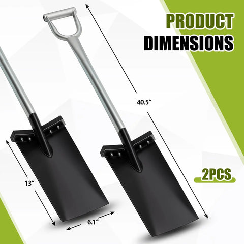 Two Pack All Steel D Grip Shovels With 13 Inch Blades And Removable Footpads For Digging Planting And Pruning Seedlings Rugged Garden Shovels Built For Shoveling Prying And Tough Yard Work, shown with measurements.