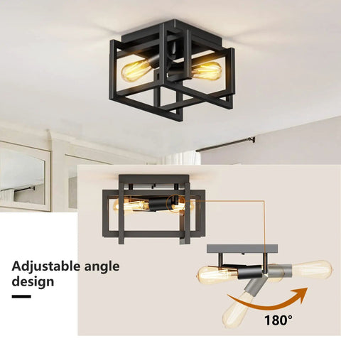 Close To Ceiling Square Black Industrial Farmhouse Light Fixture For Hallway Entryway Kitchen And Bedroom Dope Vintage Semi Flush Mount With Open Shade For Bright Dining Room Ambience with adjustable angle design in black metal.