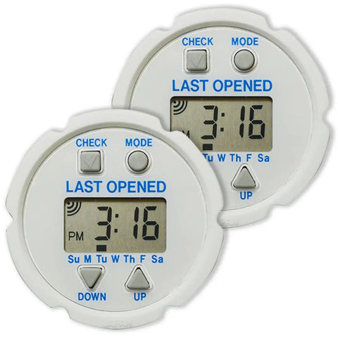 Straight Up Reliable Bottle Cap With Time Stamp Reminder For Meds Vitamins And Supplements Two Pack showing digital display and controls.