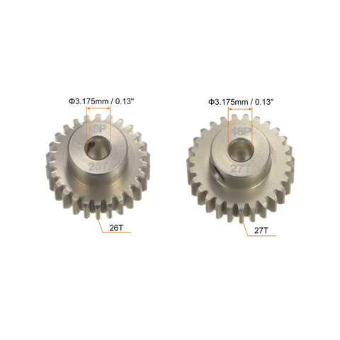 Beef Up Your RC Car With Hardened 48P Pinion Gear Set 2 Pack 26T 27T For 1 Eighth Inch Motor Shafts, shown with size details