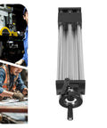 Manual Sliding Table Linear Rail Guide With 9.84Inch Dual Optical Axis Easy Manual Positioning Rail For CNC Machines 66 Lb Load Capacity Aluminum Ballscrew Design Built Tough And Durable visible next to workshop image.