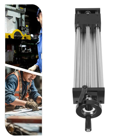 Manual Sliding Table Linear Rail Guide With 9.84Inch Dual Optical Axis Easy Manual Positioning Rail For CNC Machines 66 Lb Load Capacity Aluminum Ballscrew Design Built Tough And Durable visible next to workshop image.