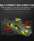 Mini RC Submarine Remote Control Boat Waterproof Dive Toy For Pools And Bathtubs Water Parks And Outdoor Fun Portable Submersible Vessel With Long Range High Frequency Control Perfect Summer Gift Green shown demonstrating self-correcting direction feature
