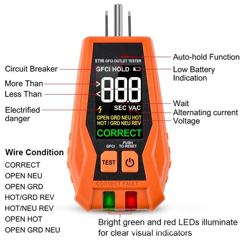 Three-Wire 120V AC Outlet Tester With GFCI Function, Detects Open Ground, Open Neutral, Hot Ground Reverse, Hot Neutral Reverse, Open Hot, Dual Open, Color LCD Screen, LED Indicator Lights, Must-Have Standard 3-Wire Receptacle Tester orange handheld
