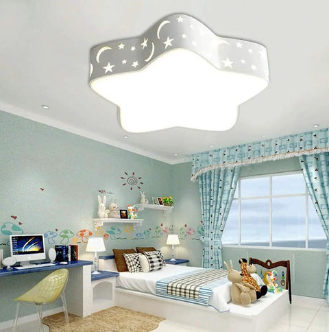 Star Shape Kids Room LED Flush Mount Ceiling Light Fixture, Modern Close To Ceiling Chandelier, in a decorated bedroom with blue theme.