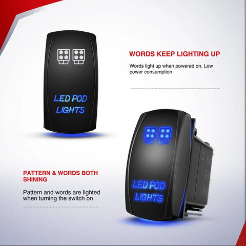 Heavy Duty 16AWG LED Pod Lights Wiring Harness Kit With Four Leads Power Relay Inline Fuse And Weatherproof Connectors Handles Up To 180W Total Blue Finish Ideal For Off Road Trucks Jeeps UTVs And Outdoor Lighting Setups rocker switch with LED pod light icon