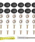 Set Of 12 Premium Black Leather Snap Upholstery Buttons For Tufting Sofas And Car Seats Features A Tight Three Quarter Inch Fit To Level Up Your Furniture Fix Game With Top Tier Build And Slick Finish, includes buttons, screws, and measuring tape.