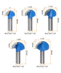 Shop Approved Core Box Router Bit With Half Inch Shank Ideal For Fluted Cabinets And Drawer Fronts Designed To Run Slick And Deliver Zero Tear Out On Hard Maple Or Oak Boards Today - Set of 5 router bits with dimensions.