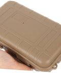 Rugged Outdoor Survival Storage Case Built Tough Shockproof Tool Box for camping, hiking shown in hand, closed view
