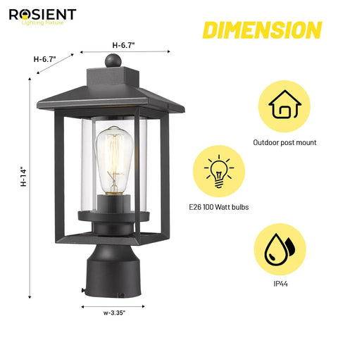 Boss Black Outdoor Post Light With Clear Glass Shade, dimensions 14" H x 6.7" W, weatherproof, for garden and patio lighting.
