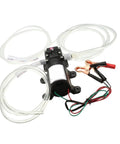 Heavy Duty 12V Self Priming Fluid Scavenge Pump With Long Suction Hose, compact pump with hoses and clamps for liquid transfers.