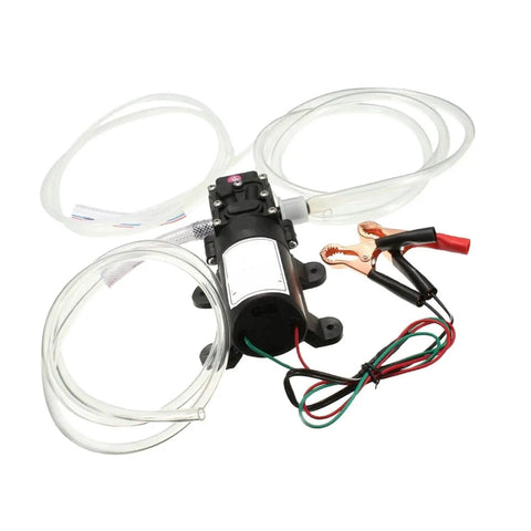 Heavy Duty 12V Self Priming Fluid Scavenge Pump With Long Suction Hose, compact pump with hoses and clamps for liquid transfers.