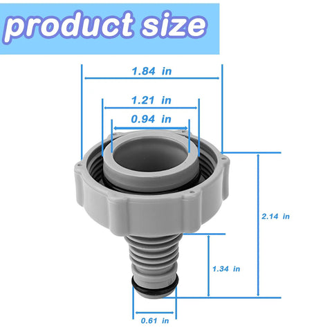Detailed measurements of durable 1.25 inch pool hose drain adapter for above ground pools replacement 2 pack leak proof connector fitting compatible with P6H1419 and most standard drain kits.