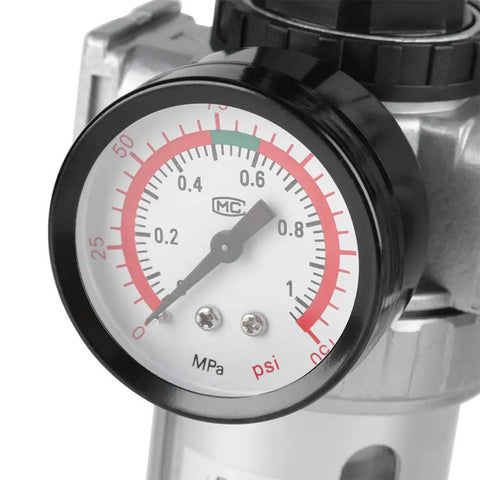 Close-up of gauge on 1/2-Inch Air Filter Regulator Lubricator Gauge Kit With Oil Water Separator For Compressed Air Tools