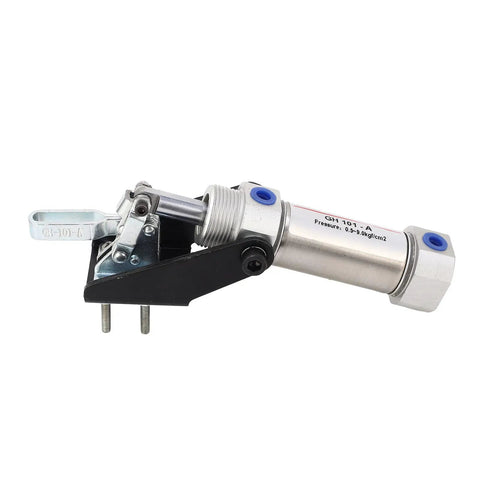 Heavy Duty Pneumatic Hold Down Clamp For Woodworking And Shop Gear Rock Solid Air Powered Clamping Fixture with metallic body and lever.