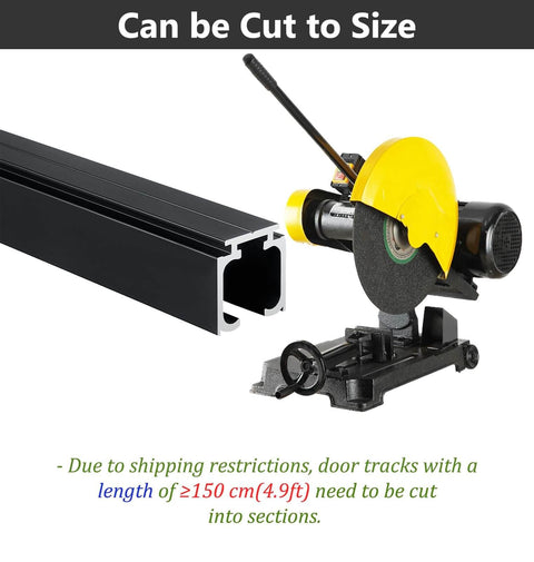 Dual Soft Close Barn Door Hardware Kit With 14.1Ft Sliding Track System, showing track, cutting tool for size adjustment