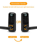 6 In 1 Fingerprint Smart Door Lock With Anti Peep Keypad, Fob Key, Mechanical Key, And App Bluetooth Control Plus WiFi Remote Access And Alexa Voice Via G2 Gateway, Black, showing reversible handle for left and right-handed doors.