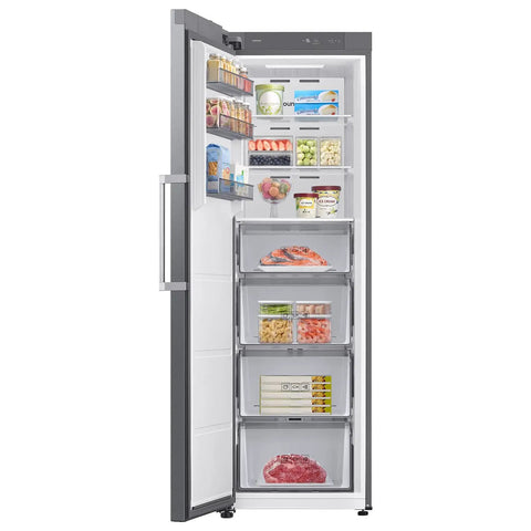 Interior view of Large 11 Cubic Foot Convertible Upright Freezer And Fridge Flip Featuring Even Airflow And Reversible Door Design Energy Star Certified Stainless Steel with food.