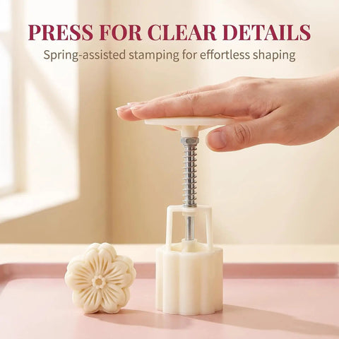 White Cherry Blossom Mooncake Mold With 30g Hand Press Cookie Stamp Six Petal Pastry Imprinter in use, showcasing spring-assisted stamping.