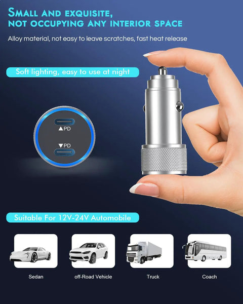 Hand holding Two Pack Dual Port USB C Fast Car Charger With Nylon Braided USB C To USB C Cables, showing dual PD ports and alloy material