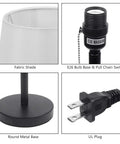 Set of 2 Modern Bedside Lamps in Black and White, details of fabric shade, pull chain switch, metal base, and UL plug