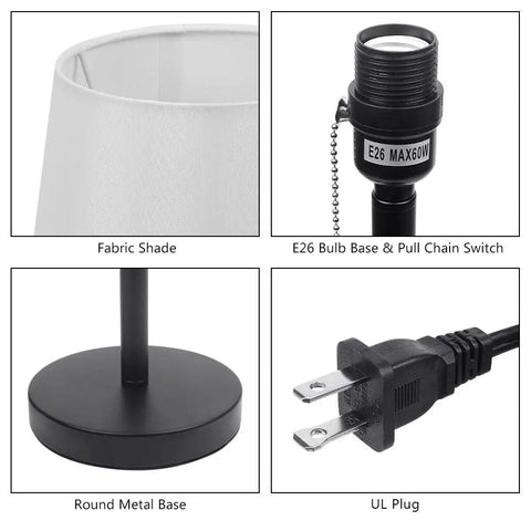 Set of 2 Modern Bedside Lamps in Black and White, details of fabric shade, pull chain switch, metal base, and UL plug