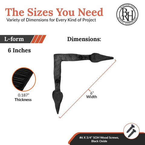 4 Pack 6 Inch Black Metal L Brackets Handmade Decorative Steel Corner Supports in L-form for woodworking and furniture.