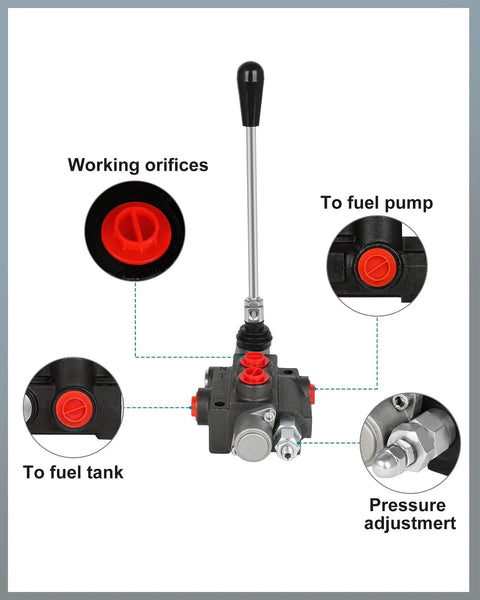 Front view of hydraulic flow control valve with black joystick lever, metal body, and red port plugs
