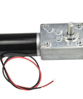 DC motor with worm-gear gearbox, 12V, black housing, side view with exposed shaft and wires