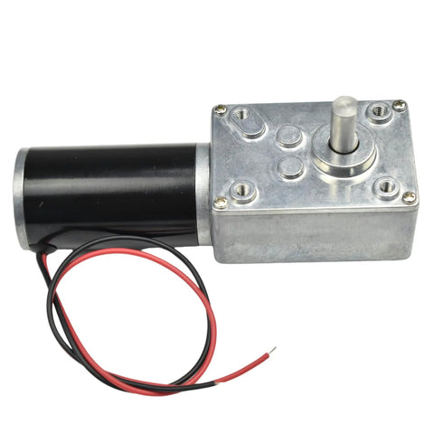DC motor with worm-gear gearbox, 12V, black housing, side view with exposed shaft and wires