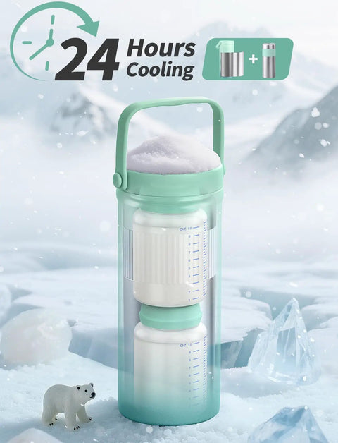 22 Oz Double Wall Insulated Stainless Steel Breast Milk Cooler Bottle For Nurses Keep It Chill Straight Up Fresher Formula Portable Travel Nursing Storage Flask Game Changer in a snowy landscape with bear figurine.