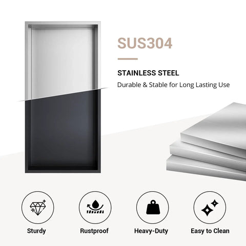 Brushed Stainless Steel Shower Niche With No Tiling Required, Recessed Bathroom Storage, durable and rustproof features shown.