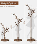 Solid Wood Coat Rack Freestanding Tree With 12 Hooks And 3 Height Levels Adjustable Coat Stand For Entryway Or Bedroom A Real Game Changer For Coats Hats Bags And Scarves Walnut Finish with three height options displayed in graphic.