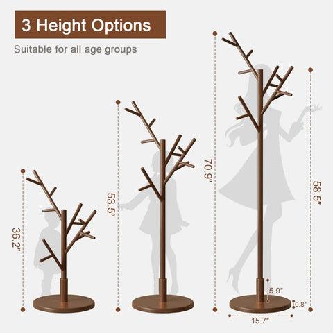 Solid Wood Coat Rack Freestanding Tree With 12 Hooks And 3 Height Levels Adjustable Coat Stand For Entryway Or Bedroom A Real Game Changer For Coats Hats Bags And Scarves Walnut Finish with three height options displayed in graphic.