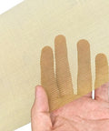 Brass Filter Screen Mesh for DIY Projects - 20 to 200 Mesh, non-magnetic woven brass sheet shown held by hand, Signal Screening Tool.