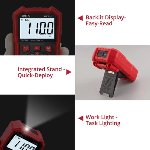 6000 Counts Auto Ranging Digital Multimeter with NCV; shows backlit display, integrated stand, work light feature.