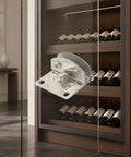 No-Drill Glass Door Hinge Set Stainless Steel Clamp-On Hardware for frameless cabinets and display cases, wine cooler view.