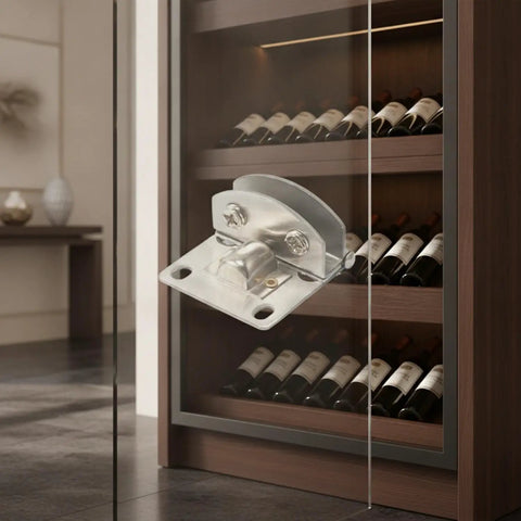 No-Drill Glass Door Hinge Set Stainless Steel Clamp-On Hardware for frameless cabinets and display cases, wine cooler view.