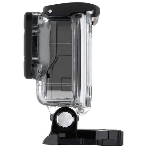 Side view of Super Suit Dive Housing For HERO7 HERO6 HERO5 Clear One Size With Two Waterproof Backdoors, showing clear casing.
