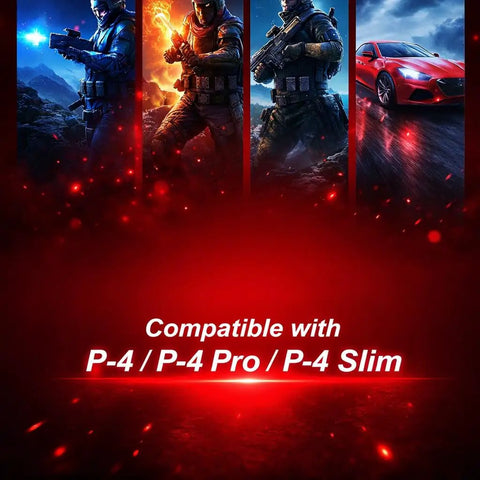 Image showing compatibility of Next Level Wireless PS4 Controller with P-4, P-4 Pro, P-4 Slim, featuring warrior and car graphics.