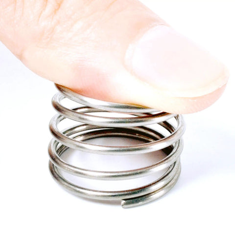 Close-up of zinc plated metal wire spring from Heavy Duty Spring Assortment Kit With 200 Extension Springs for shop repairs.