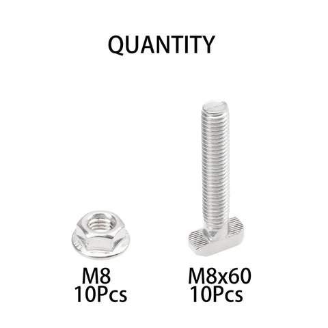 Premium Rock Solid 10 Pair M8x60 T Slot Screws With Flange Nuts 304 Stainless Steel Drop In Sliding Bolts For 40 Series Aluminum Extrusion showing M8 nut and bolt.