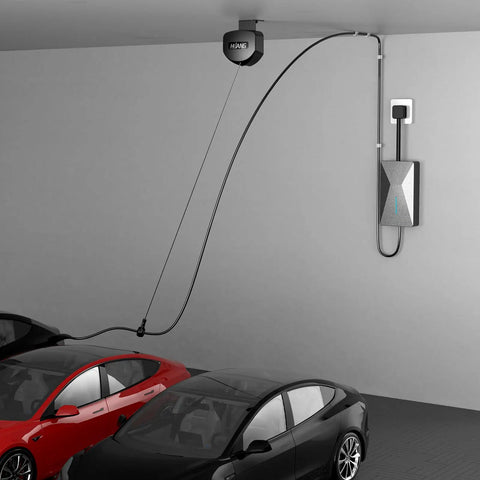 EV Charger Cable Retractor Ceiling Mount Tangle Free Cord Organizer Ditch The Cord Chaos For A Slick Garage Setup Smart Auto Return, showing installation above two cars.