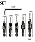 Five Piece Hex Shank Countersink Drill Bit Kit With Quick Release Crank Handle For Dead Simple Woodworking Hole Prep showing sizes 5# to 12#.