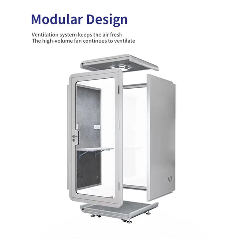 Portable One To Two Person Soundproof Office Pod With Thick Acoustic Panels And Whisper Quiet Ventilation showing modular design and ventilation system.